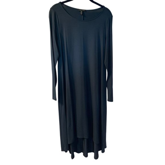 Eileen Fisher Midi Dress Size S Blue Viscose Spandex Stretch High Low Minimalist - Picture 1 of 6